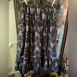 Vintage Bird & Floral Eyelet Black Ruffle Midi Skirt, XS or S